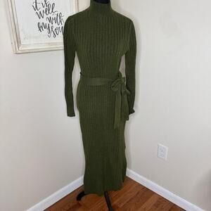 Loft Olive Green Ribbed Midi Sweater Dress Size M